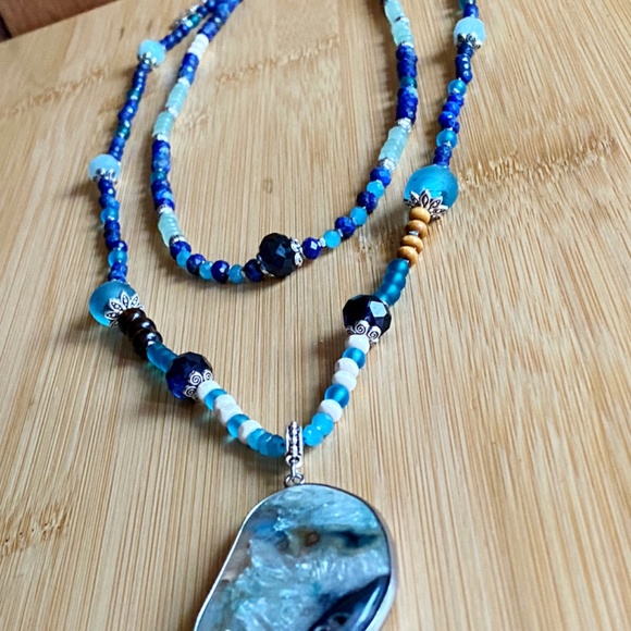 Multi Gemstone Layered Statement Necklace with Lapis Lazuli - Aquamarine - Picture 6 of 10